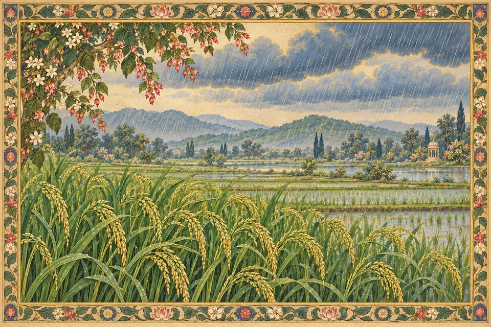 Gentle monsoon rain nourishes a rice field, illustrating the source's comparison of devotion and its servants.