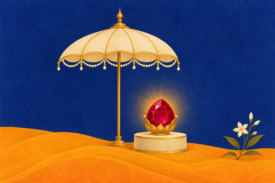 An ivory parasol and glowing crown jewel evoke the two letters praised as canopy and jewel.