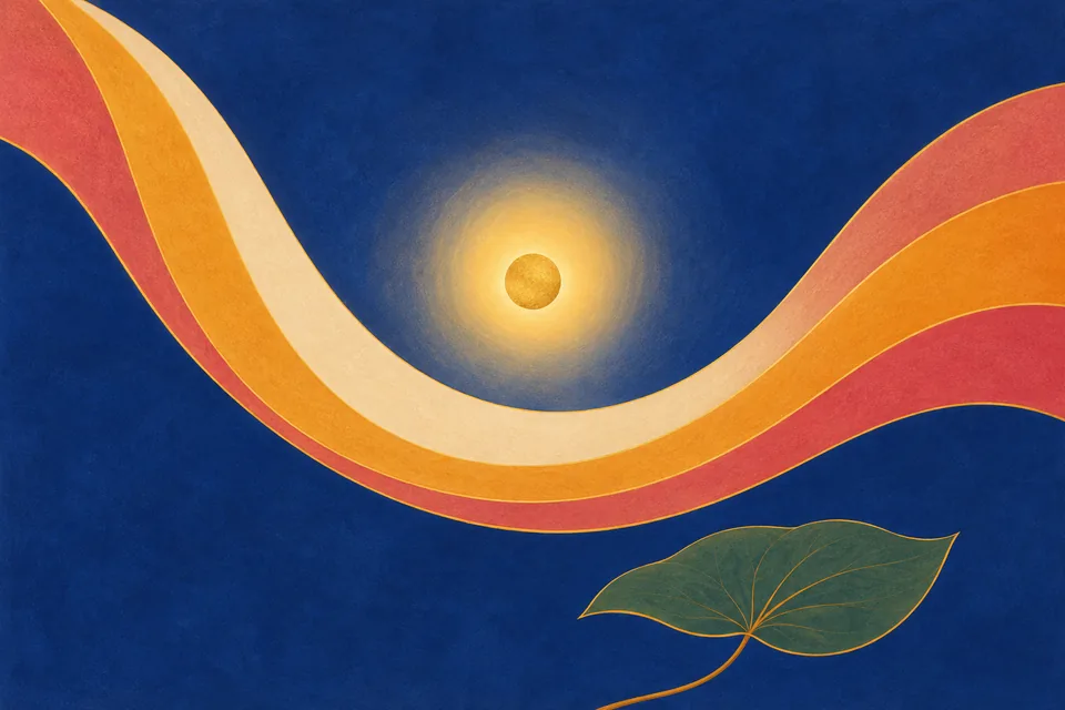 A luminous centre within broad flowing colour fields offers an abstract response to praise of the Name.