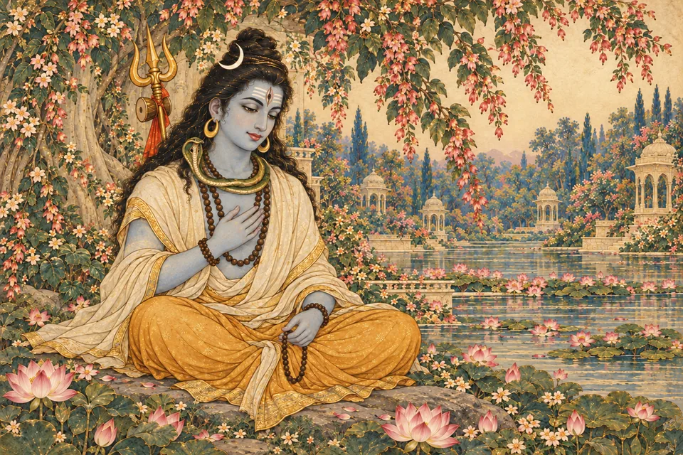 Shiva contemplates inwardly with a hand over the covered heart, evoking Mahesha's discerning remembrance.