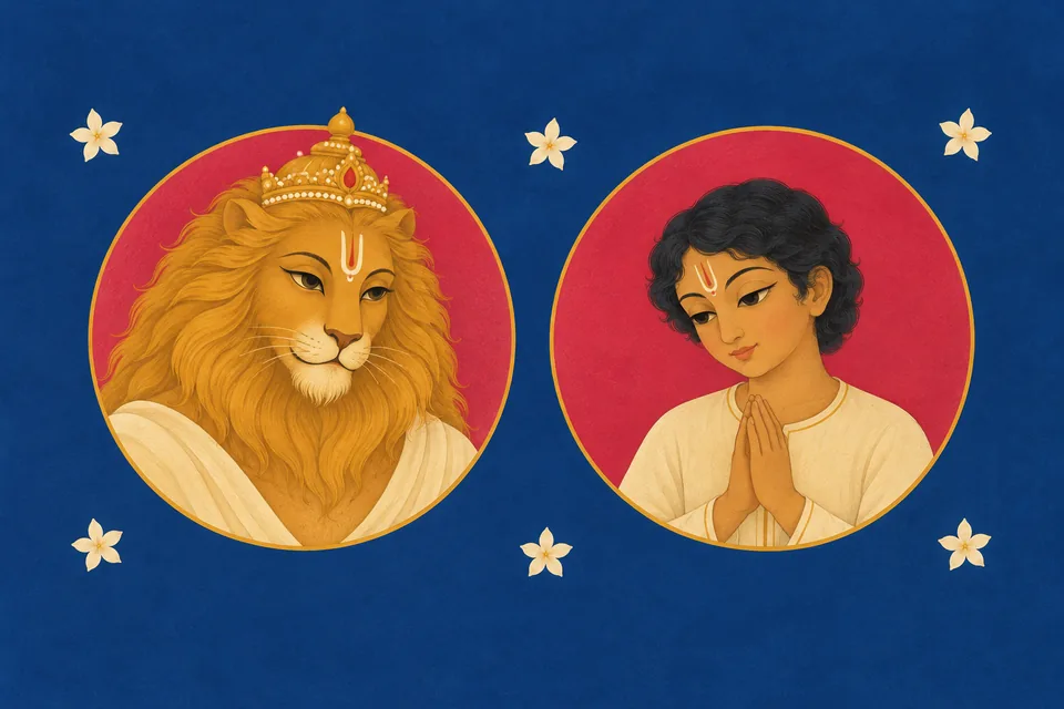 Separate Narasimha and Prahlada portraits evoke the verse's protective comparison for Rama's Name.