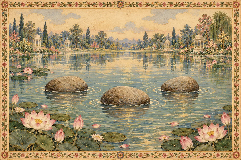 Three stones at the water's surface evoke part (a)'s praise of Rama, with both doha parts retained in the passage record.