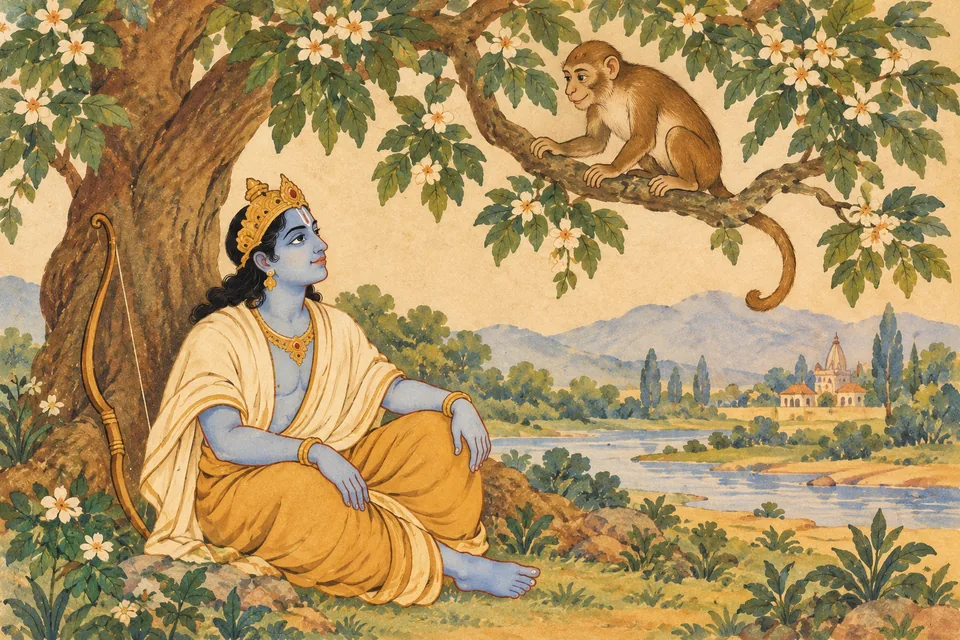 Rama sits beneath a tree while an unnamed monkey rests on a branch, illustrating the source comparison.