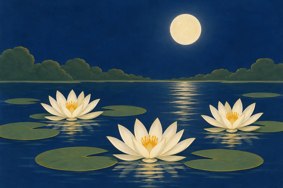 Moonlight over white water lilies evokes the passage’s moon-and-kumud comparison.