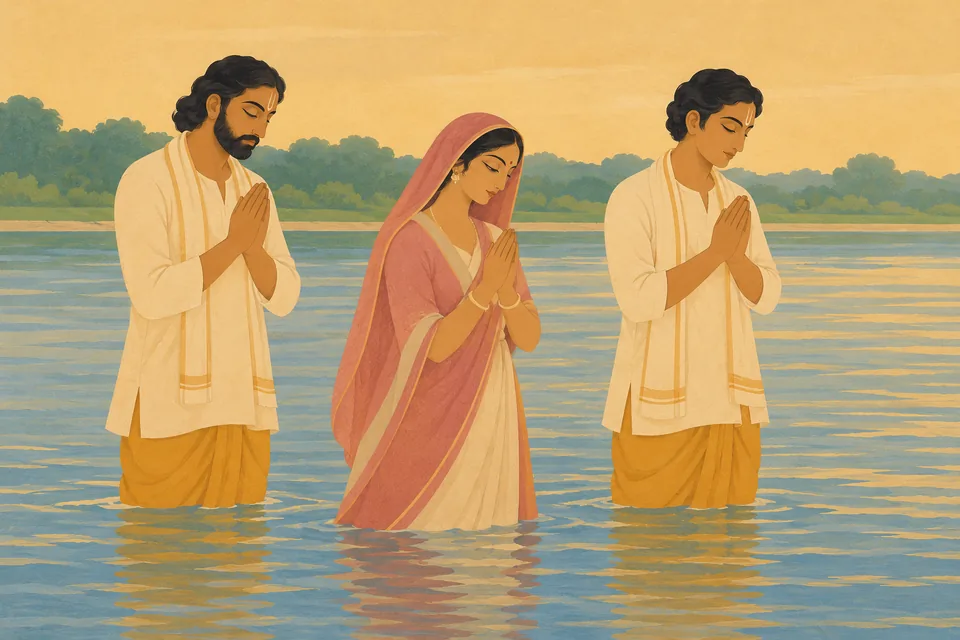 Three modestly dressed devotees pray in shallow water, representing bathing and chanting in the Sarayu.