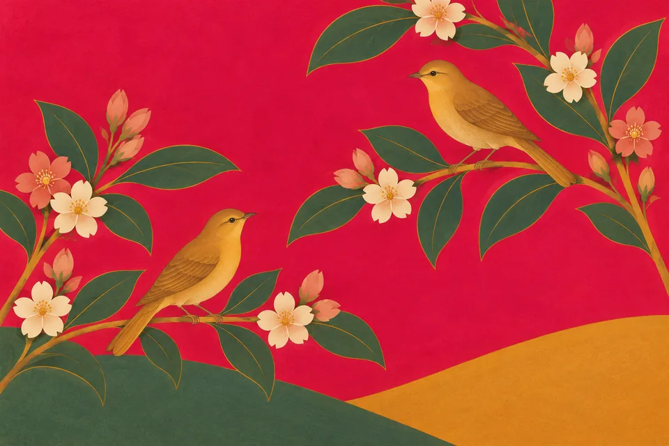 Two birds among garden blossoms evoke the passage’s comparisons for devotional joy.