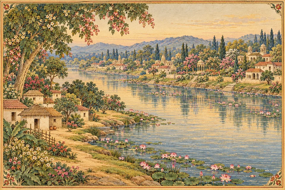 Imagined village, town and city buildings beside a river evoke the three classes of listeners.