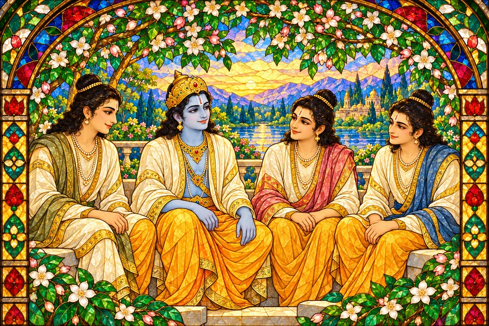 Rama and his three brothers share warm glances beside an imagined river, evoking their loving fellowship.