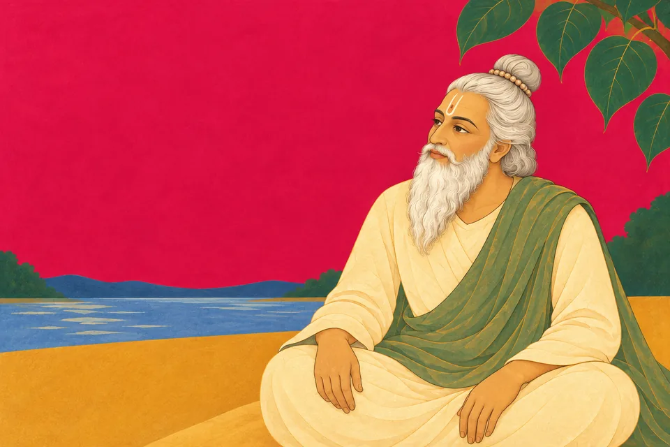 Yajnavalkya listens attentively as Bharadvaja asks him to clarify which Rama Shiva chants.