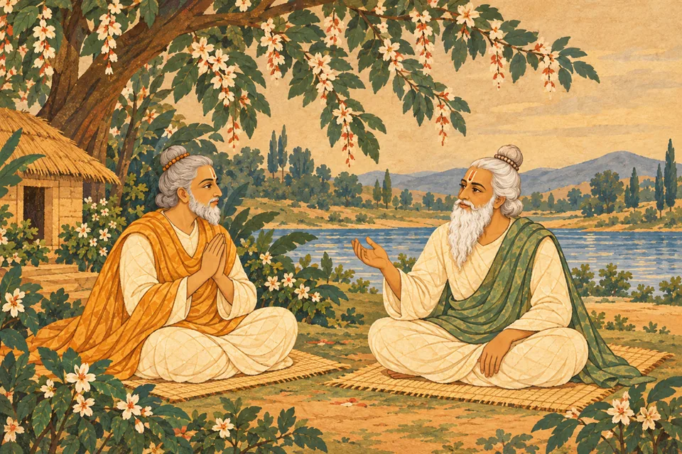 Yajnavalkya speaks gently while Bharadvaja listens, representing the introduction to the Uma–Shambhu dialogue.