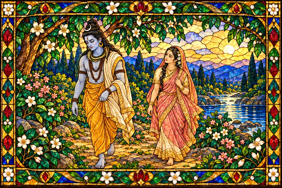 Shiva walks thoughtfully through a flowering forest while Sati follows, unaware of his longing to see Rama.