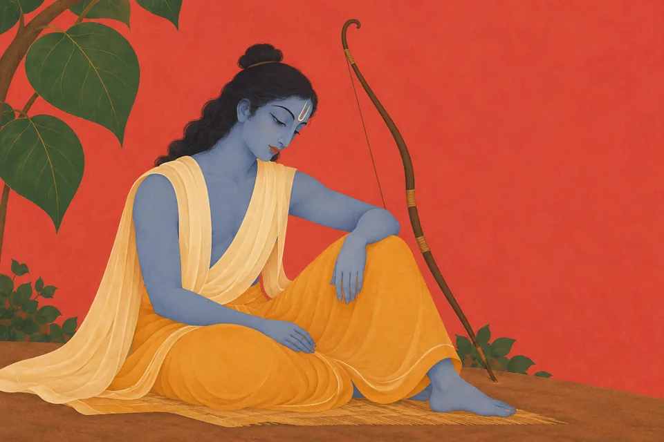 A contemplative Rama sits in simple exile clothing with a bow beside him, evoking the source's sorrow of separation.