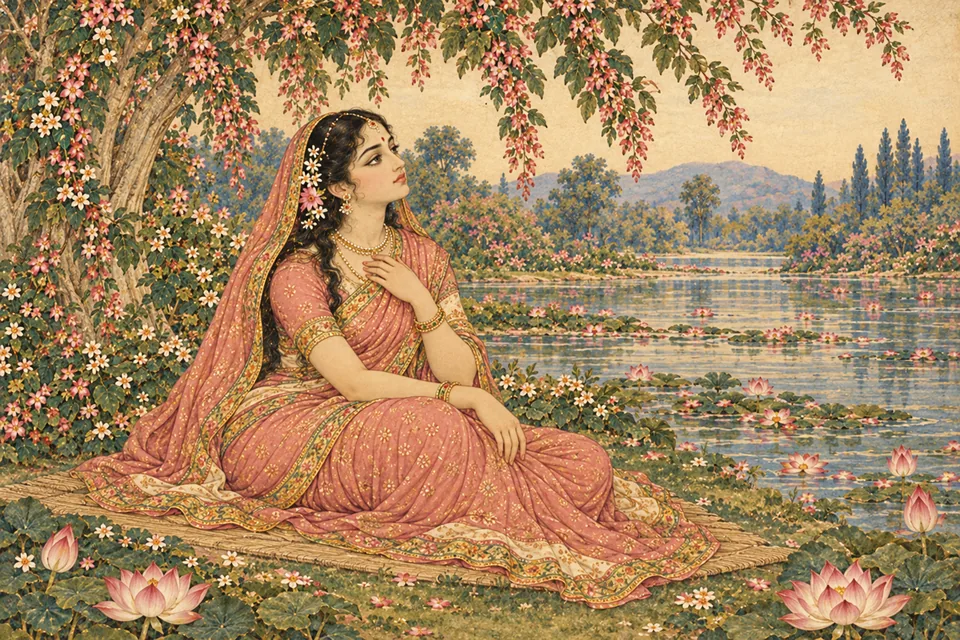 Sati sits thoughtfully beneath flowering branches, evoking her inward doubt about the Lord's human form.