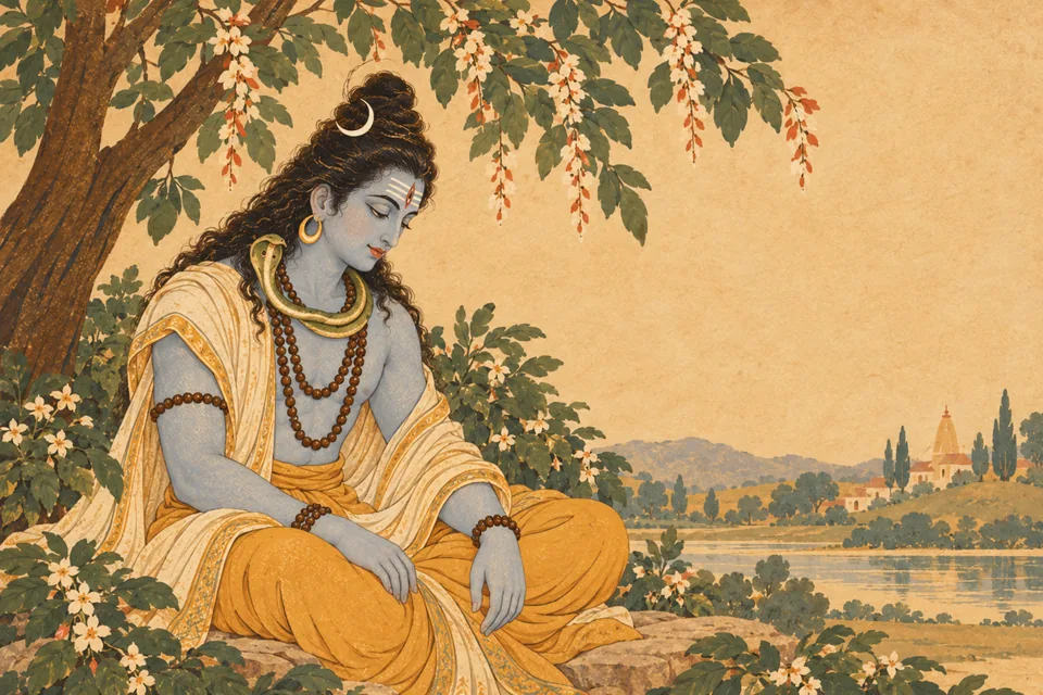 Shiva sits quietly with his head bowed, representing his inward reverence to Hari.