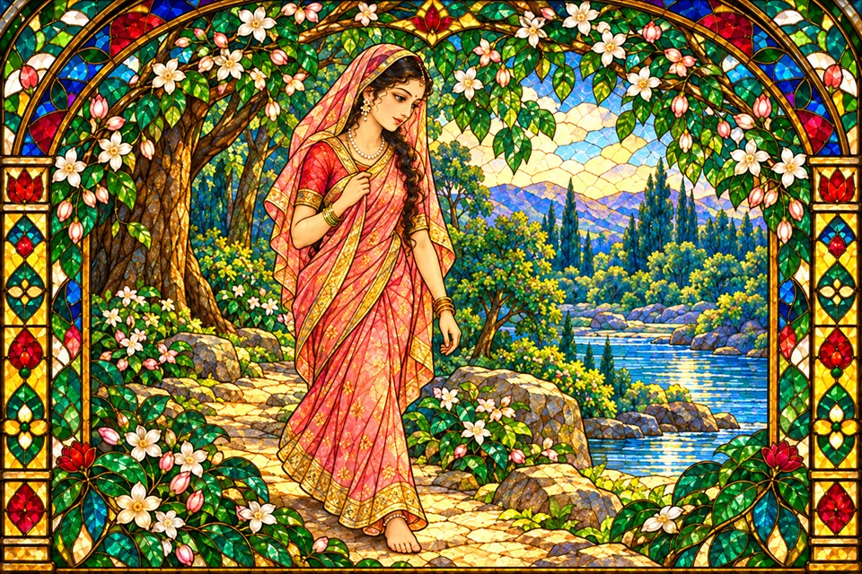 Sati, having assumed Sita's form, walks ahead on the forest path to test Rama; the figure is not the actual Sita.