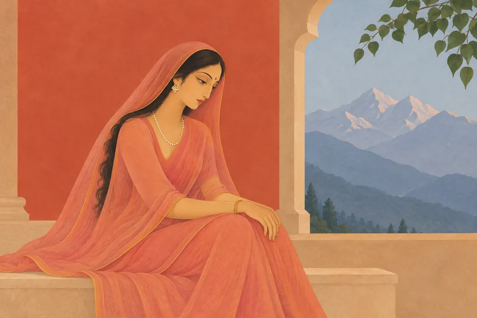 Sati sits alone at her mountain dwelling on Kailasa, burdened by sorrow as days seem like ages.