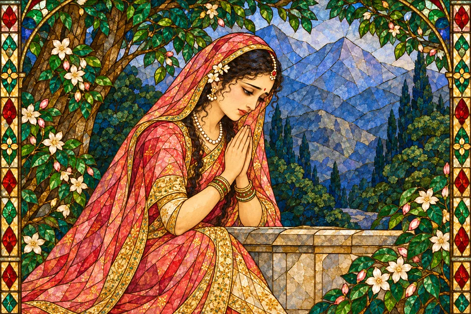 Sati joins her hands in a troubled supplication amid the source's unbearable sorrow; no death act or promised release is shown.