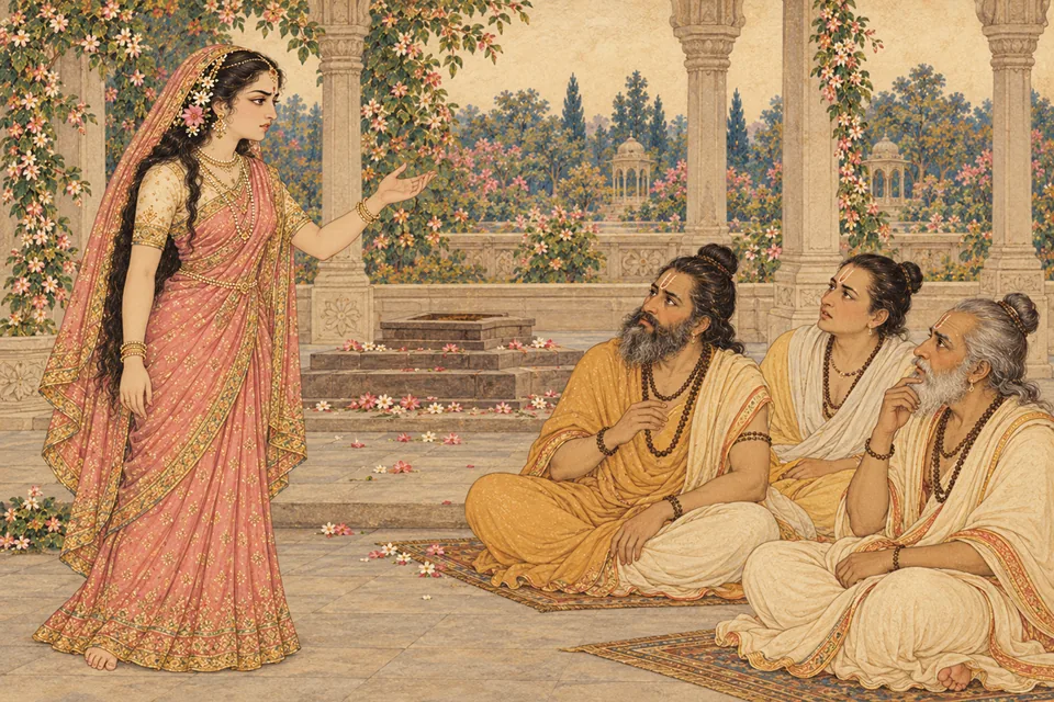 Sati forcefully rebukes three unnamed representative assembly listeners with a clear speaking gesture.
