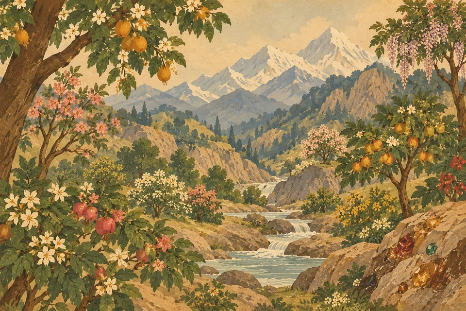 Flowering and fruit-bearing trees surround a quiet mountain stream, with small mineral colours embedded in exposed rock, in the setting after Parvati's birth.