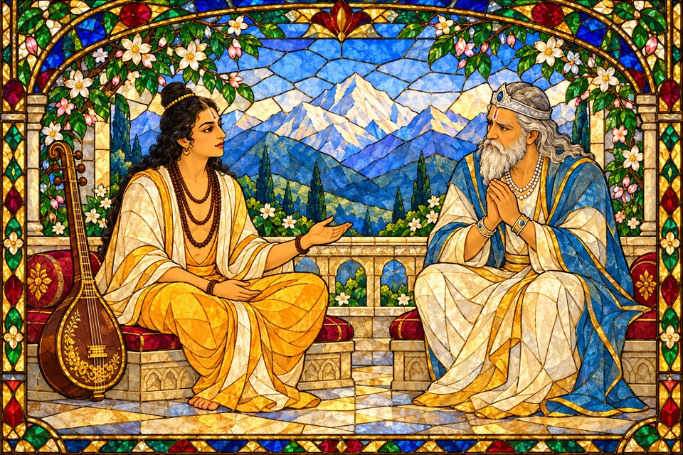 Narada explains the source's statement about destiny to Himavan, who listens with joined hands; no literal writing is depicted.