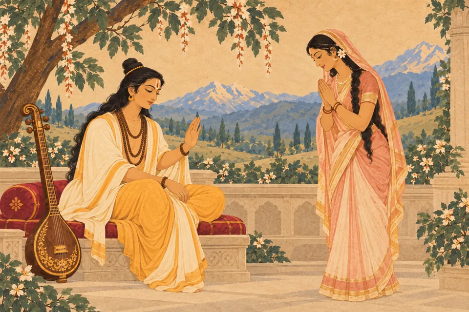 Narada inwardly remembers Hari and blesses Girija, who stands with joined hands; no wedding signs or future event is shown.