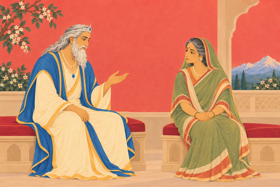 Himavan gently reassures Maina and asks her to remember Sri Bhagavan; no deity or future outcome is depicted.