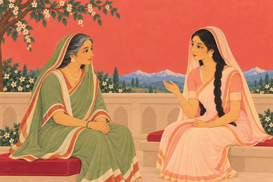 Uma tells Maina of her dream about an unnamed beautiful, fair brahmin; the dream figure is not pictured.