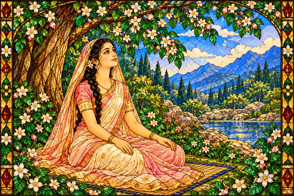 Uma looks toward the sky, hearing the heavenly assurance that her wish has borne fruit and Tripurari will meet her.