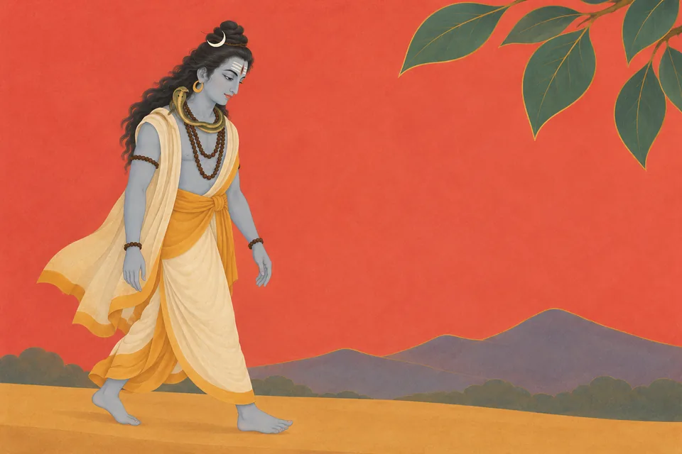 Shiva walks calmly through a spare landscape, holding Hari inwardly in remembrance.