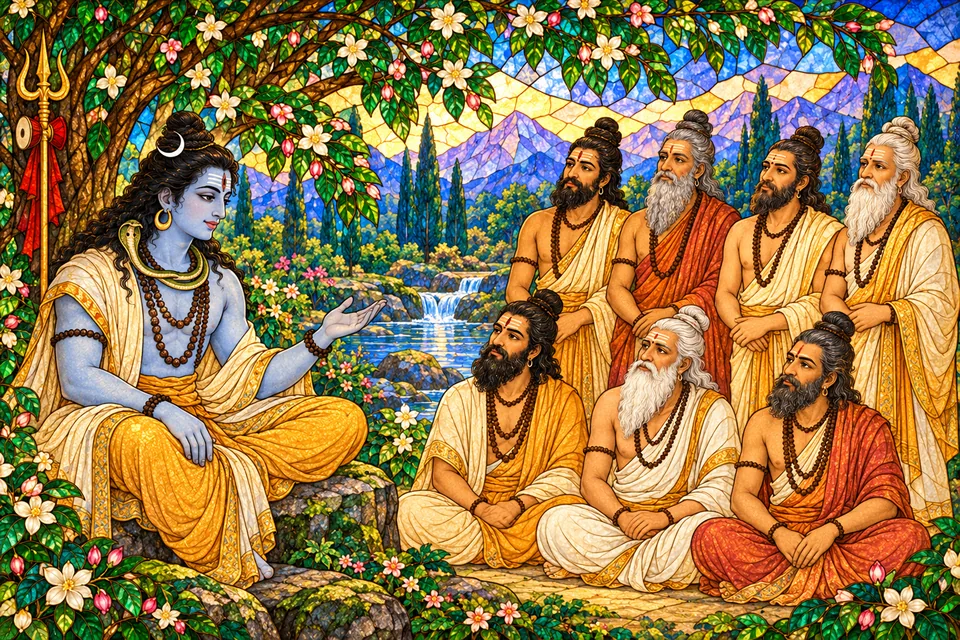 Shiva gives instructions to seven sages, who listen in a forest grove before visiting Parvati.