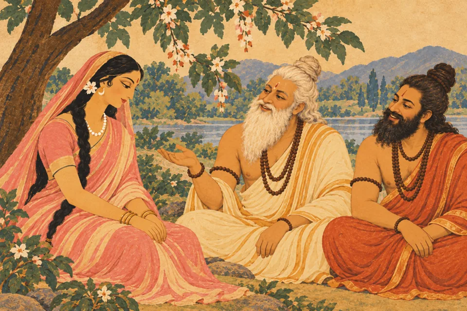 Two representative sages continue their taunting argument while Uma listens quietly; the other five are outside the close view.