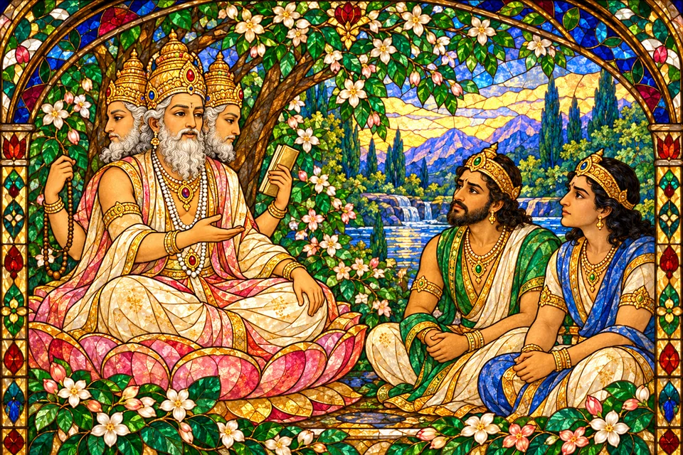 Brahma explains the future defeat of Taraka to two representative gods, who listen attentively.
