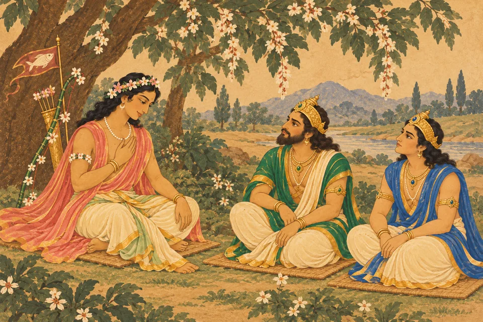 Kama reflects with a restrained smile and replies to two representative gods, with his flower bow resting behind him.