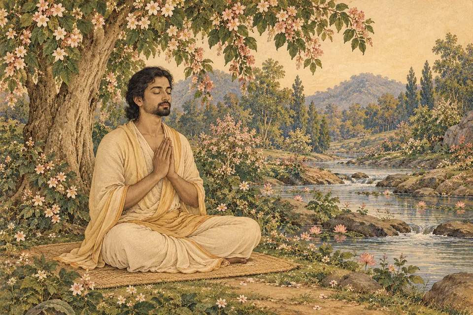 A symbolic unnamed devotee sits steadily in inward remembrance, illustrating the refuge described in source Soratha 85.