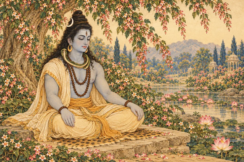 Shiva remains motionless in samadhi in a spring grove; Kama and his host are outside the selected view.