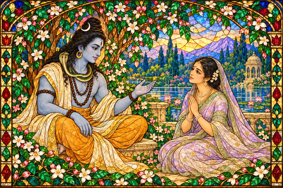 Shiva speaks compassionately to Rati about Ananga and a future reunion while she listens with joined hands.