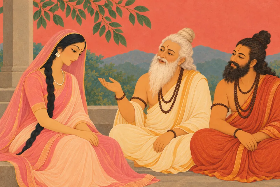 Two representative sages deliver their second testing claim to Uma, who listens quietly; five sages are outside the close view.
