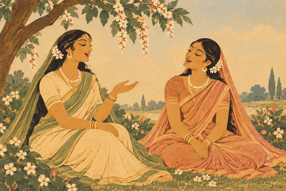 Two representative apsaras sing auspicious songs beneath a flowering bough.
