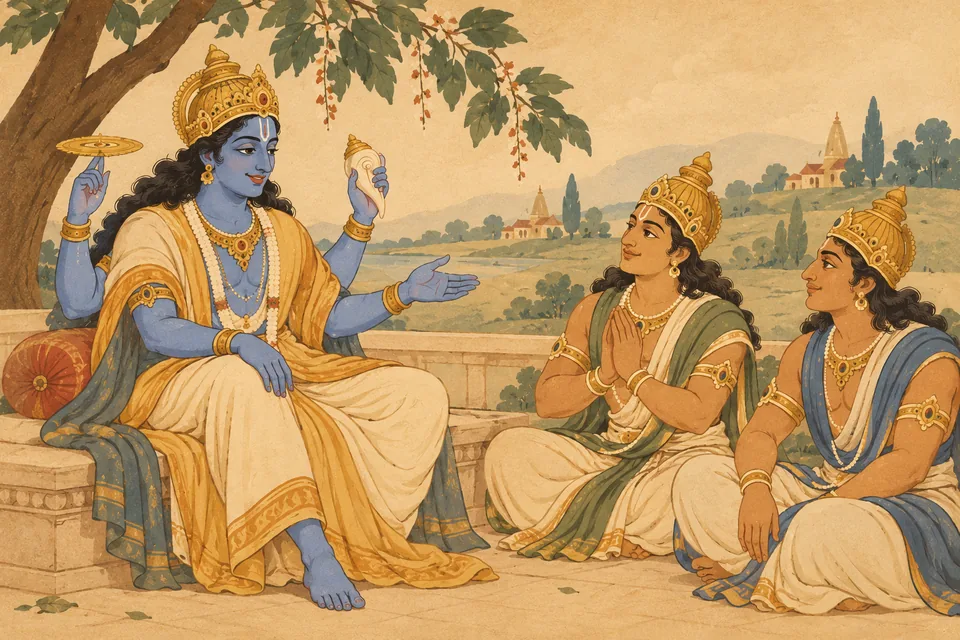 Smiling Vishnu addresses two representative directional guardians before their separate journeys.
