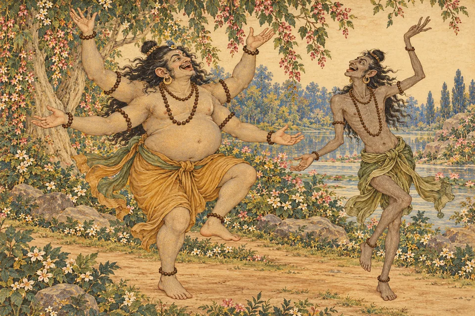 Two representative bhutas sing and dance exuberantly, one broad with four arms and one gaunt with two.