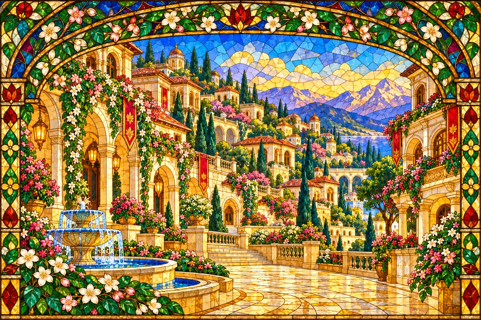 An imagined flowering mountain town with decorated homes and a fountain suggests the city’s abundance.