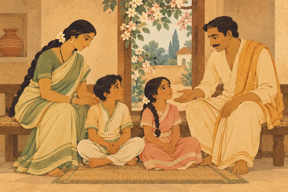 Two parents gently reassure their attentive children after the children return home frightened.