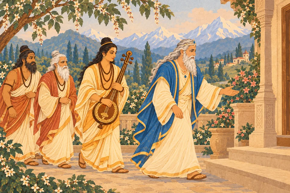 Himavan leads the way home with Narada and two representative sages accompanying him.