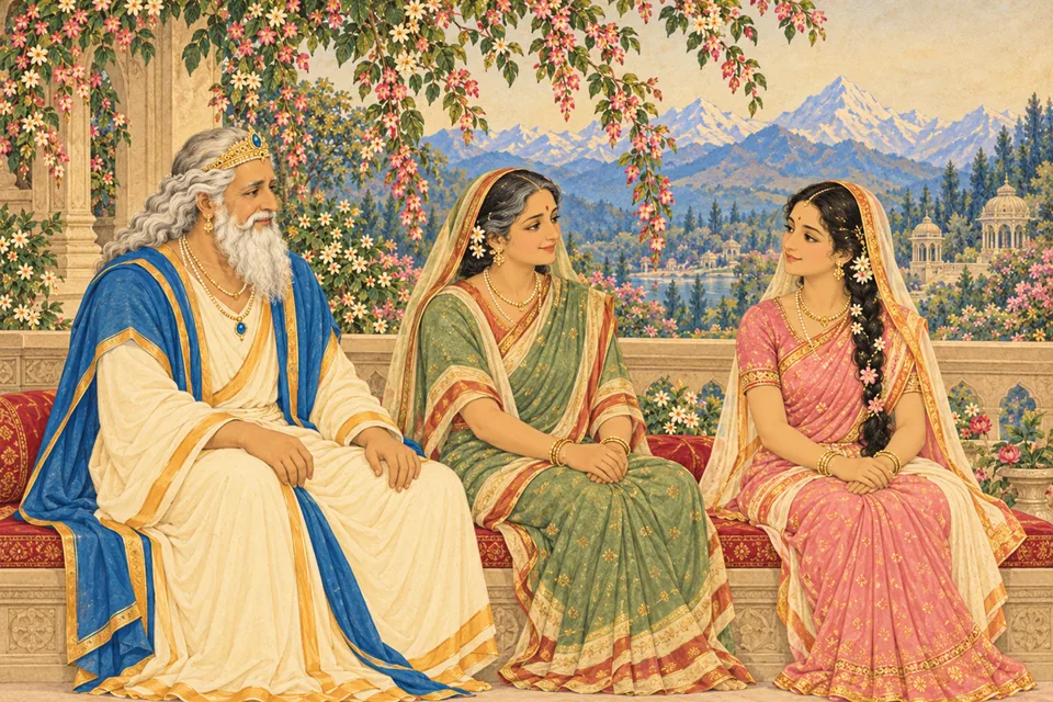 Himavan and Maina sit relieved beside adult Uma after hearing Narada’s explanation.