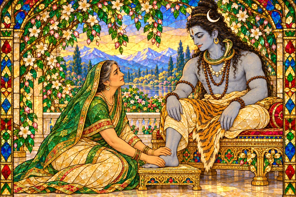 Maina kneels at Shiva’s feet and speaks her affectionate farewell request concerning Uma.