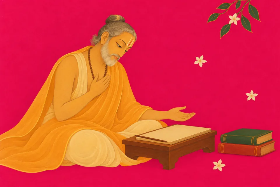 An imagined Tulsidas reflects humbly beside a blank folio and closed books.