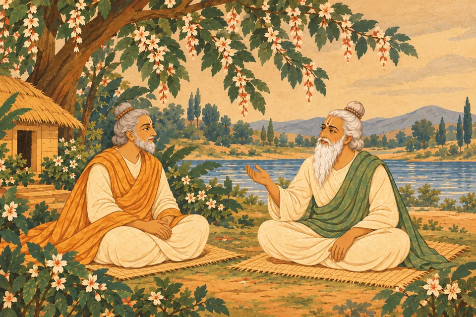 Yajnavalkya gently describes his understanding of Bharadvaja’s devotion while Bharadvaja listens.