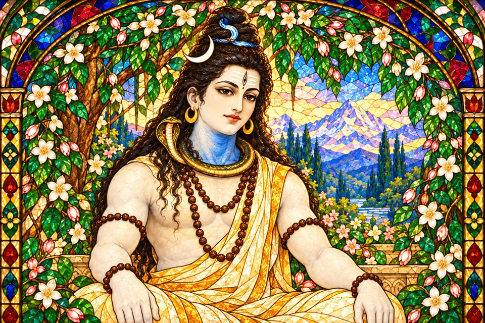 Ash-white, blue-throated Shiva with open lotus-like eyes, crescent and a small wave motif representing Ganga among his matted hair.