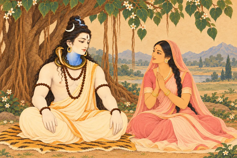 Uma sits on Shiva’s left and praises him with joined palms while he listens quietly.