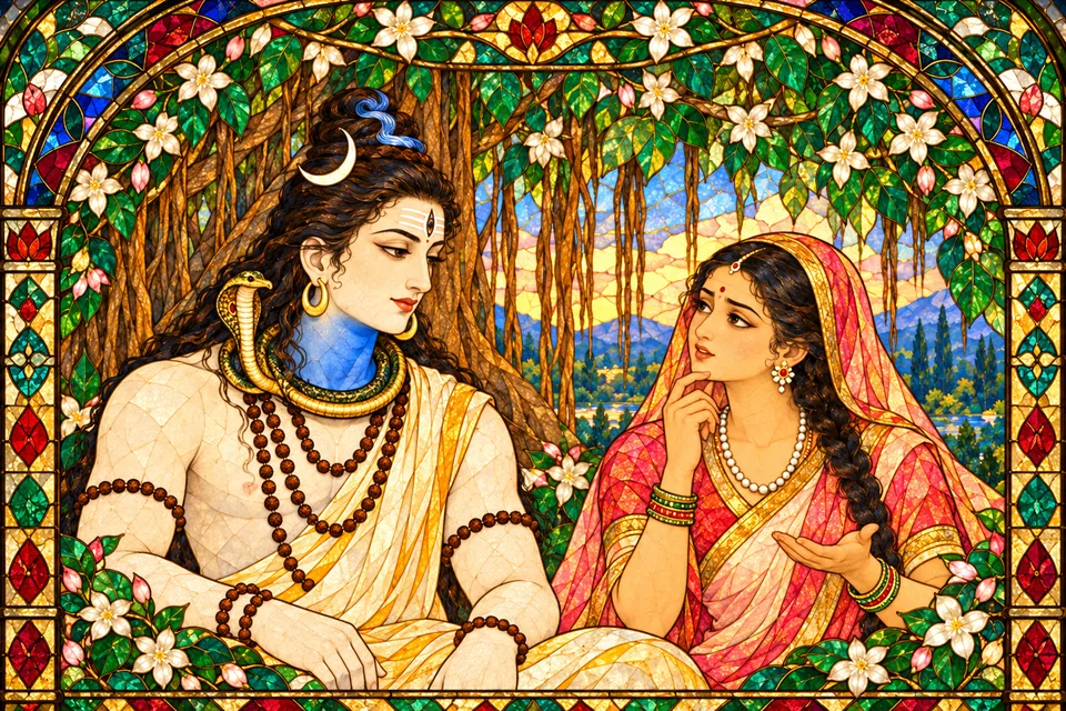 Uma thoughtfully questions quiet Shiva, her hand near her chin, in a floral stained-glass panel.